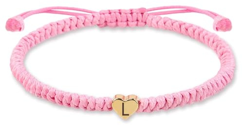 Rosa Initial A-Z Armband mit Buchstaben Herz, Partnerarmband Geflochtenes Band verstellbarer Kette Seilarmband, Paar Geschenk für Frauen (L)