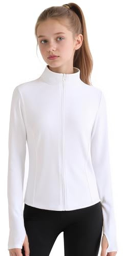 JOCMIC Girls Zip Up Jacket Horse Riding Shirts Kids Athletic Yoga Spring Jackets Outwear Coats White 5-6 Years