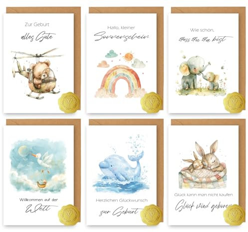 Vielucks®6 x Karte zur Geburt Baby mit Umschlage - 9.5×13.5cm,Hochwertige Karte zur Keburt Mädchen Junge, Glückwunschkarte Geburt,Taufkarte Geburt,Geschenke zur Geburt,Klappkarten Regenbogen Tiere (Ⅰ)