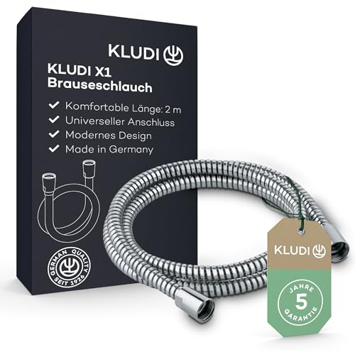 KLUDI-X1 Universell duschslang 2 m, flexibel duschslang med dubbelt vridskydd, böjsäker, standardanslutning, plastbelagd med metalleffekt