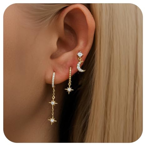 WOZNU Ohrringe Vergoldet Damen Klein Creolen Ohrstecker Gold Set Zirkonia Stapelbar Wasserfest Stecker Hypoallergene Goldene Ohrringe Mehrere Piercings Ohrlöcher Schmuck