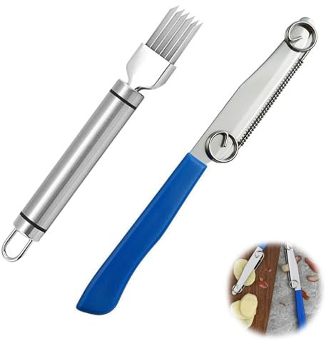 LONGHAO 2 pcs Coltello Per Affettare Velocemente,Pelapatate Da Cucina,3 In 1 Coltello Da Frutta Multifunzione,Affettatrice Rapida Di Frutta,Affettatrice Di Scalogno In Acciaio Inox,Pelapatate (#1)