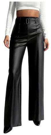 Floerns Women's PU Leather Straight Leg Pants High Waisted Belt Casual Trousers Black Small