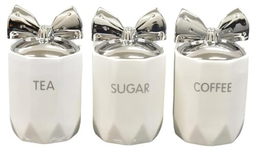 BMLIMITED BML White Ceramic Tea Coffee Sugar Canister Set with Silver Bow Lids Airtight Kitchen Storage Jars for Kitchen Countertop Décor Accessories