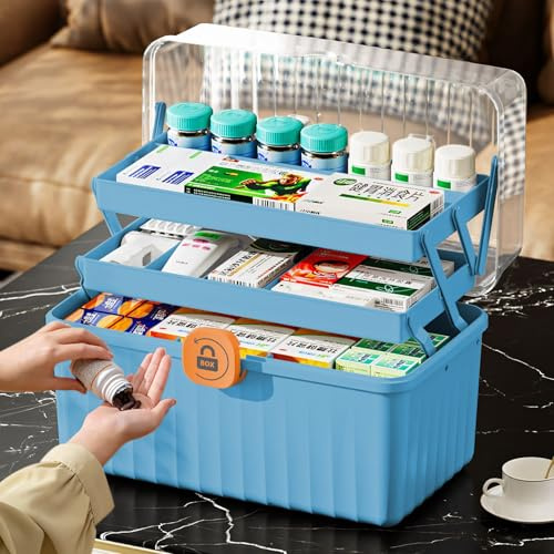 MaxEarn Hausapotheke Medikamentenbox | 3 Etagen, großer Organizer, Blau | Medizin-Aufbewahrungsbox, Erste-Hilfe-Koffer und Mehrzweck-Sortierbox für Medikamente, Kosmetik und Haarschmuck