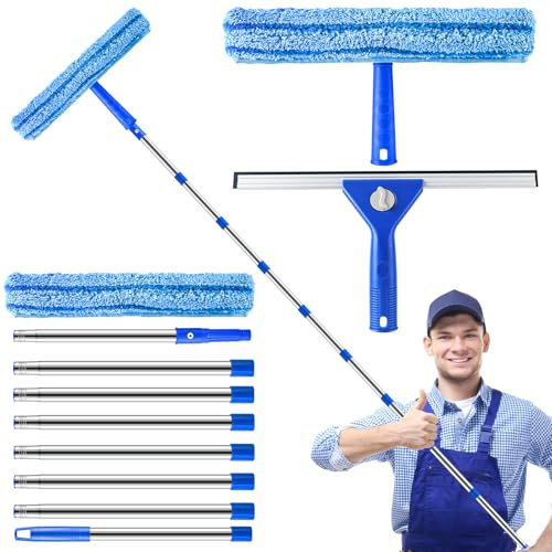 10Ft (3m) Window Cleaning Equipment, Window Cleaner Kit with Extension Pole, Window Squeegee & Microfiber Scrubber Washing Kit for High Windows, Shower Glass, Car, RV