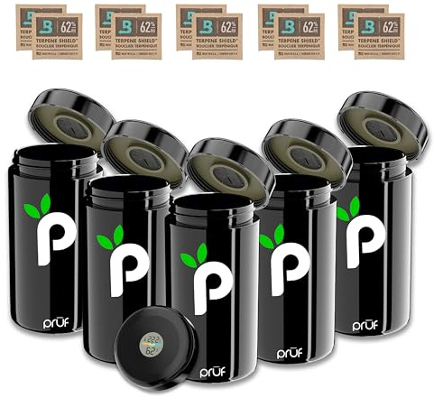 Hygenix Pruf Jar with Built-in Hygrometer 500ml Air-Tight, UV-Proof Purple Glass Jar with High-Density Silicone Seal Includes Two 62% 8G Boveda Packs Ideal for Storage of Premium Dried Goods