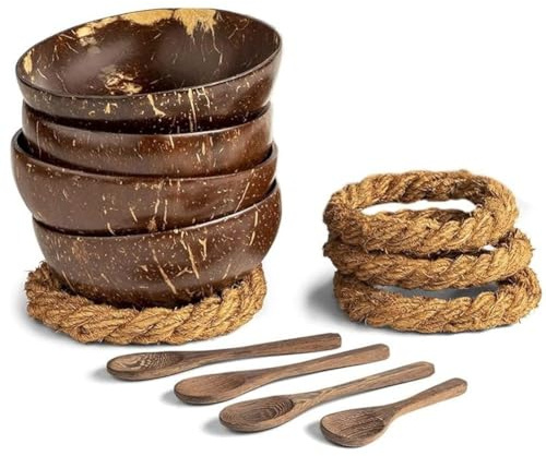 HiyyFloy Lot De 4 Bols en Noix De avec 4 Cuillères en Bois, Bol en Bois, Bols en Noix De Polie, Ensemble De Bols en Coquille De Noix De Naturelle pour Salades, Smoothies Ou Bols Bouddha