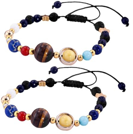 VALICLUD Sonnensystem Armband aus Achat 2 Stück mit Acht Planeten Schwarz | Armband mit Planeten, Natursteinperlen im Weltraum Motiv, für Partys und Alltag
