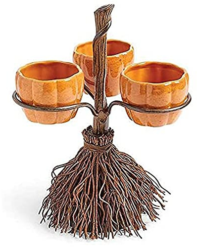 Cocoarm Pastelero de Postres de Halloween, Soporte de Bocadillos de Halloween Bowl Bowl Stand Metal de Calibre Pesado con Escoba Realista para Exhibición de Frutas y (3)