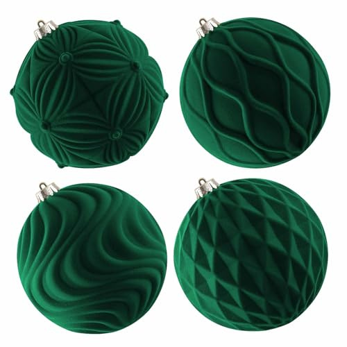 Lanpn 4 STK 15cm Große Samt Weihnachtskugeln, Grosse Beflockt Weihnachtsbaum Kugeln, XXL Christbaumkugeln, Riesen Tannenbaum Kugel Weihnachtsdeko Christbaum-Schmuck für Winterurlaub Party, Dunkelgrün