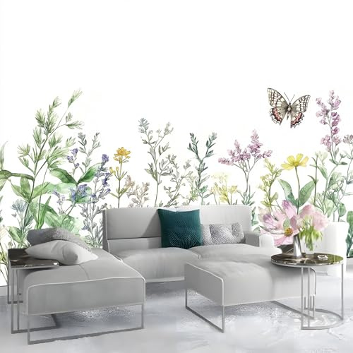 Generico Carta da Parati Adesiva Acquerello 200 x 140 cm (W x H) Carta da Parati Autoadesiva Muro Fiori Di Campo Farfalle Pattern per Soggiorno Camera da Letto Cucina Pellicola Mobili Adesiva