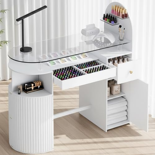 HolaiNail Manicure Table Nail Station with Tempered Glass Top, Professional Nail Tech Desk with Storage Cabinet & Drawer, Acetone Resistant, for Nail Beauty Salon Workstation(White)