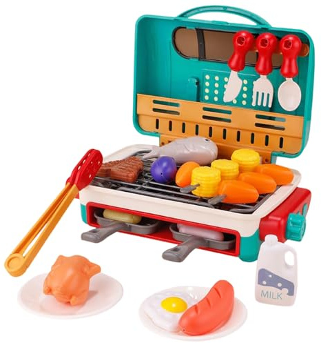 Kids BBQ Grill Playset Toy Kitchen Accessories, 29 Pcs Play Kitchen with Pretend Smoke Sound Light & Color Changing Food, Gift Kitchen Cooking Set for Kids Boys Girls