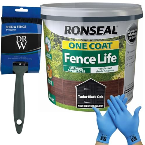 Ronseal One Coat Shed & Fence Protector 5L Tudor Black + Free 4 Fence Paint Brush & Nitrile Gloves | Long-Lasting Weatherproof Wood Protection | One Coat Formula for Sheds, Fences & Timber
