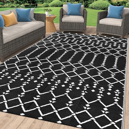 Homaxy Outdoor Rug 120x180cm, Black & White | Waterproof Reversible Plastic Straw, UV-Resistant, Foldable Boho, Anti-slip, For Patio, Camping, Picnic, Balcony, Backyard