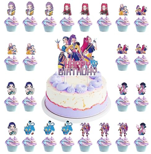 25 Stück Hun-ters Cupcake Toppers, Happy Birthday Cake Topper, Cartoon Tortendeko Geburtstag, K-P0 De-m0n Themen Tortenaufsätze, Themen Tortenaufsätze Happy Birthday Deko, für Kinder und Erwachsene