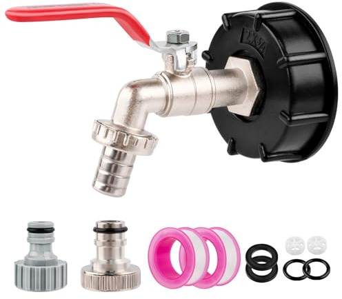 Adaptador de Depósito IBC 1000L, S60X6 Tank 3/4'' Grifo Jardin Universal de Latón con Conector de Manguera, Grifo Exterior Resistente al Óxido y las Heladas, para Jardín, Lavadora, Barril de lluvia