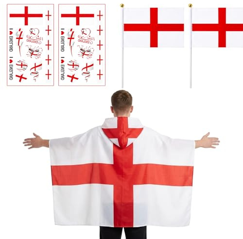 England Flag, World Cup 2026 Merchandise, 5 Piece Set Football Match and Festival Decorations, Including Cape and Stickers