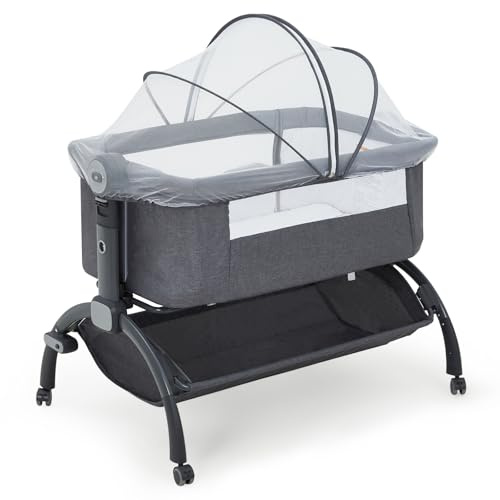 GarveeTech Beistellbett Baby höhenverstellbar mit Matratze, Mesh-Seiten, Wiegefunktion, Rollen mit Bremse, Moskitonetz, Ablagekorb und Tragetasche, für Neugeborene 0–6 Monate