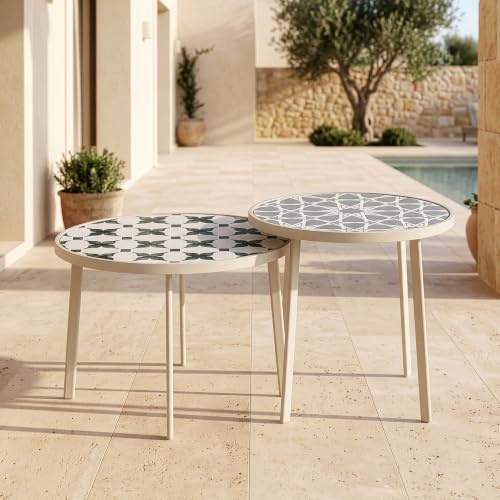 casa.pro Couchtisch Outdoor wetterfest 2er Set Faeto Glasplatte Champagne | Gartentisch, Beistelltisch, indoor, Satztisch, Glastisch, rund, Metallgestell, Balkontisch