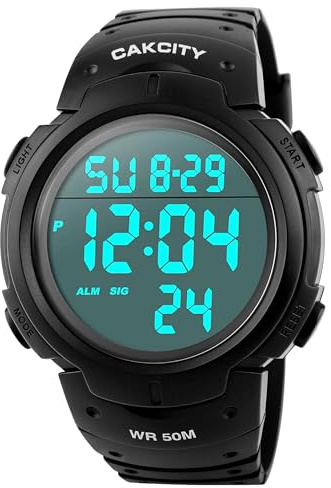 CakCity Men's Digital Sports Watch,50M Water Resistant,50mm Large Face,Stopwatch,Alarm,EL Backlight,Black,Ideal for Sport,Referee,Outdoor Work,Running Training & Daily Wear