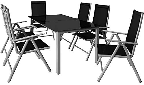 Casaria® Gartenmöbel Set 6 Stühle mit Tisch 150x90cm Aluminium Sicherheitsglas Wetterfest Klappbar Modern Terrasse Balkon Möbel Sitzgruppe Garnitur Bern