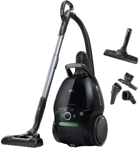 AEG VX9-4-ÖKOX Staubsauger mit Beutel (70% Recyclingmaterial, XL-Softräder, besonders leise, Ergo-Handgriff, Inkl. Zusatzdüsen, stufenlos, 5l Staubbeutel, 460 Watt, 12 m Aktionsradius, schwarz)