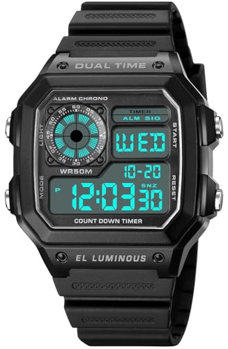 PASOY Digitale Multifunktionsuhren für Herren, Dualzeit, Alarm, Stoppuhr, Countdown-Hintergrundbeleuchtung, wasserdichte Uhr