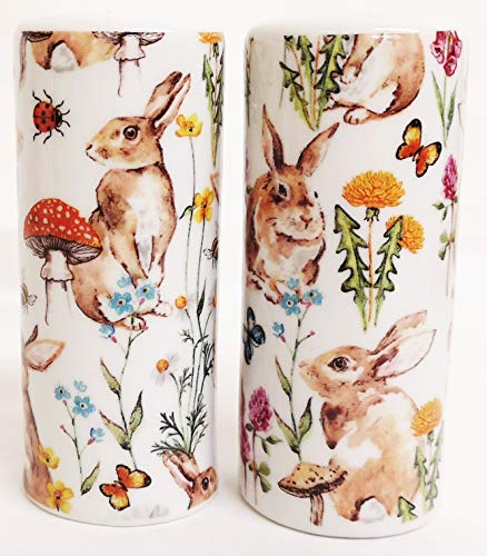 Rabbits Salt & Pepper Round Porcelain Rabbit & Flowers Fields Ceramic Cruet Set Hand Decorated in UK