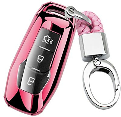 ontto Smart Autoschlüssel Hülle Fall für Ford Mondeo Ka Fiesta Focus Galaxy Mustang Kuga Eco-Sport 3 Taste Schlüsselhülle Schlüsselanhänger Weiche TPU Keyless Go Schlüsselbox Schlüsselschutz-Rosa