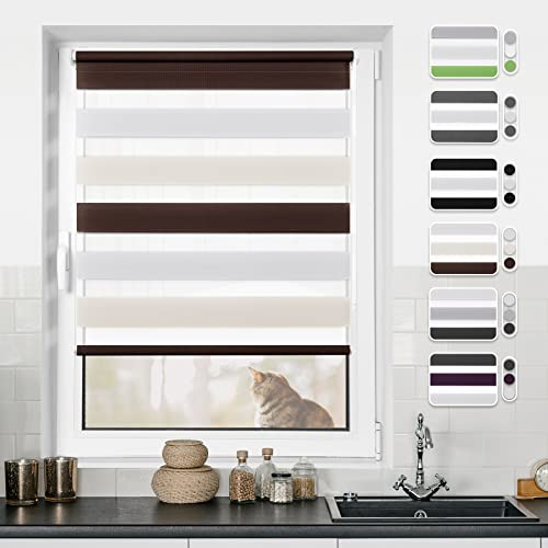 Doppelrollo Klemmfix ohne Bohren Rollos für Fenster ohne Bohren mit Bohren Weiß-Beige-Braun 90x120cm(BxH)-Stoffbreite 86cm Rollo Fensterrollo Klemmrollos Fensterrollo innen lichtdurchlässig