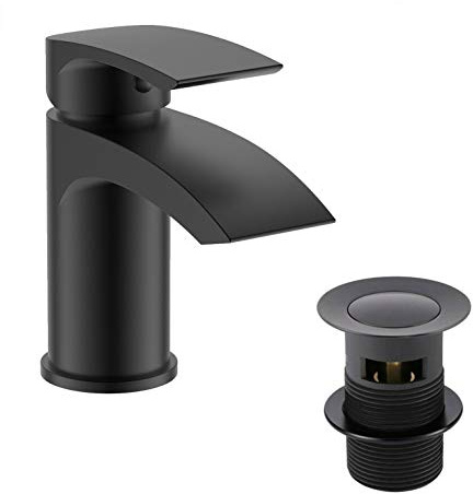 home store Bathroom Luxury MATT BLACK Basin Sink Mono Mixer Lever Tap & Clicker Waste