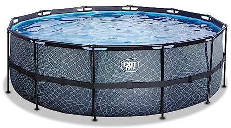 EXIT TOYS Piscine Stone - ø427x122cm - Grande Piscine Ronde à Cadre avec Pompe à Filtre à Sable - Piscine Extra Profonde - Cadre Solide - Échelle de Piscine Incluse - Design Unique - Gris