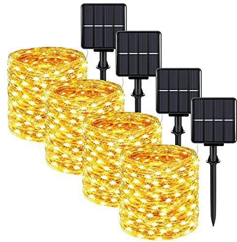 Extra-long 288FT 800LED Solar Fairy String Lights, 4-Pack 72FT 200 LED Outdoor Twinkle Lights Waterproof, 8 Lighting Modes, Warm White Copper Wire Lights for Deck Backyard Tree Garden Fence Pool Party