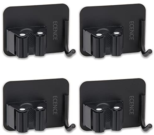 ECENCE 4 Pezzi Porta Scope Parete Adesivo - Portascope da Muro utensili adesivi con ganci - Supporto a muro per cucina, ripostiglio, bagno - Nero