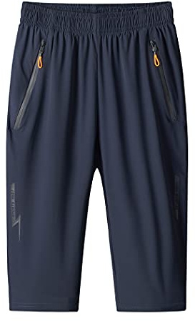 MakingDa Mens Shorts 3/4 Jogger Capri Casual Sport Pants Summer Loose Zip Gym Lightweight Running Training Bottoms Elastic Waist Below Knee Short ​with Zip Pocket（Blue，3XL）