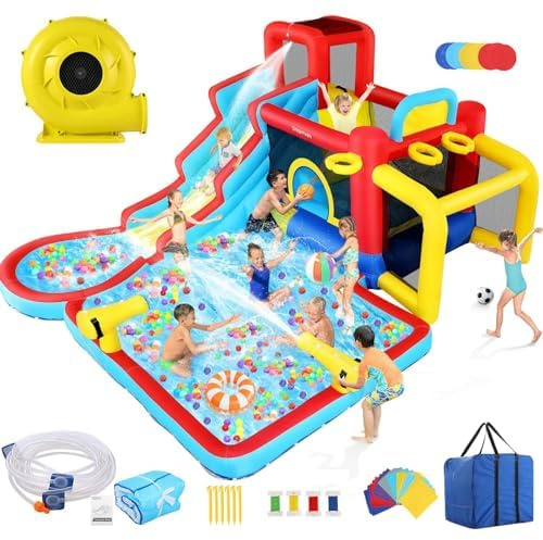 AKEYDIY Water Slide Bounce House,13×12.5ft Waterfall Waves Mega Water Slides Park |Inflatable Water Slide for Big Kids 8-12 &3-10,Large Pool,Blow Up Water Slide for Kids Backyard Outdoor