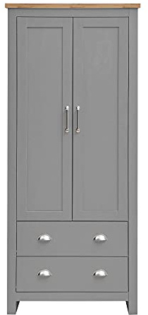 Timber Art Design UK Lisbon Double Door Wardrobe with Drawers, Oak Top Cupboard with Hanging Shelf and Metal Handles - Bedroom Furniture Storage - Grey (52D x 79W x 181H cm)