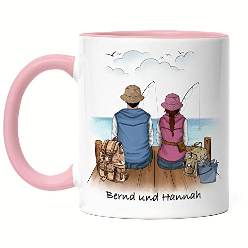 Kiddle-Design Angler Pärchen Tasse Rosa Personalisiert Individuell mit Name Angeln Fischen Geschenk Jahrestag Paar Liebe Couple Angelschein