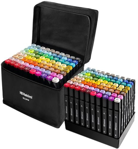 HAKIMI Art Markers 80 Colours Dual Tip Colouring Pens & Felt Tip Pens for Adults – Sketch & Drawing Marker Pens with Case – Acrylic Markers for Colouring Books, Calligraphy & Professional Art Supplies