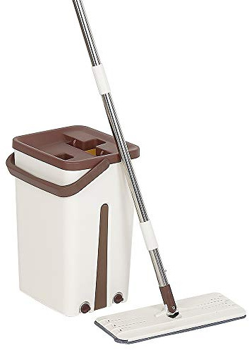 Balai Microfibre et Seau Essoreur, Serpillière Plat Rotatif 360° et Seau Auto-Lavage, Vadrouille de Mains Libre pour Nettoyage de Sol, avec 2 Tapis réutilisable (Café)