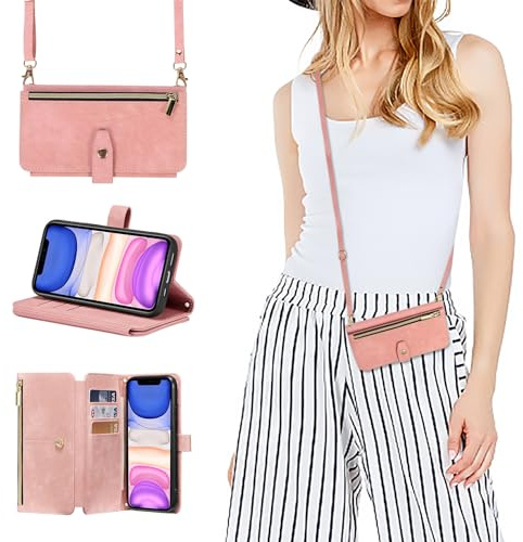 ZCDAYE Handyhülle für iPhone 11 Hülle mit Band, Roségold | Leder Handytasche Geldbörse mit Kartenfächer Handykette, Praktisch Umhängetasche Frauen Brieftasche Portemonnee Klapphülle
