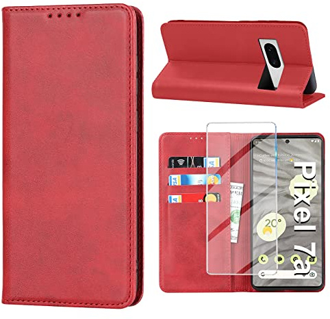 Handyhülle für Google Pixel 7A Hülle mit Displayschutzfolie, Schutzhülle Pixel 7A 5G PU Lederhülle Wallet Kartenfach Standfunktion Stoßfest Klapphülle für Google 7A Flip Case Cover (Rot)