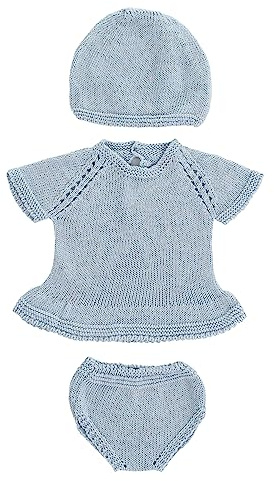 Miniland Blaues Strick-Set für Puppen, 40 cm. Kleid, Höschen und Mütze recyceltem Textil. Miniland Dolls.