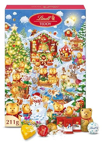 Lindt - Calendrier de l'Avent TEDDY - Assortiment de Chocolats au Lait et Blancs - Idéal pour Noël, 211g