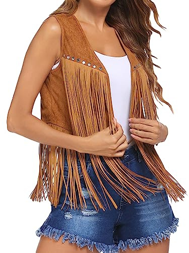 YILEEGOO Women Tassel Fringe Vest 70s Hippie Faux Suede Rivets Sleeveless Jacket Cardigan Tops (Khaki, S)