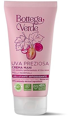 Bottega Verde - Crema Mani Uva Preziosa, 75 ml, Vellutante e Antiossidante, con Estratto di Uva Rossa, Trattamento Idratante per Pelli Normali
