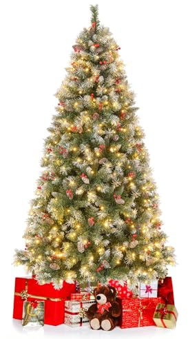 COSTWAY Albero di Natale Pre-Illuminato 150/195 cm, Albero di Natale con 200/420 Luci LED Bianche Calde, 8 Modalità di Illuminazione, 450/909 Punte di Ramo, Bacche Rosse e Pigne (195 cm)