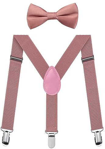 FACATH Jungen Hosenträger Fliegen Set, Kinder-Hosenträger mit elastischer Y-Form, verstellbar mit Clips und Fliege für Jungen und Mädchen (Rosa)